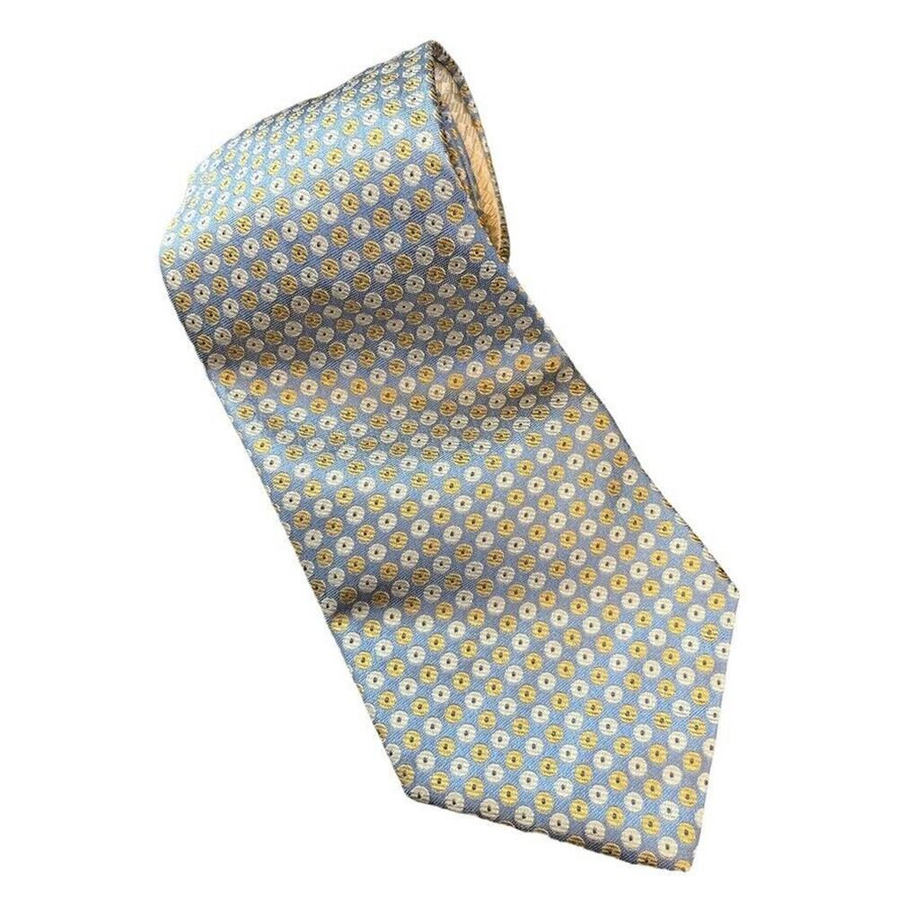 Tommy Hilfiger Mens Blue Ivory Yellow Geometric 100% Silk Necktie Neck Tie USA